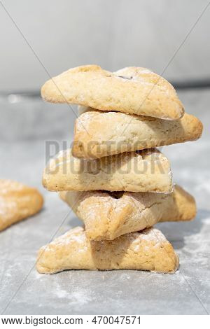 Jewish Holiday Purim Background With Gluten-free Hamantaschen Or Hamans Ears Cookies. Jewish Pastry 