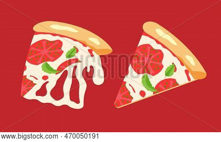 Two Pieces Of D Elicious Margarita Pizza. Fast Food Illustration. Vector Eps10