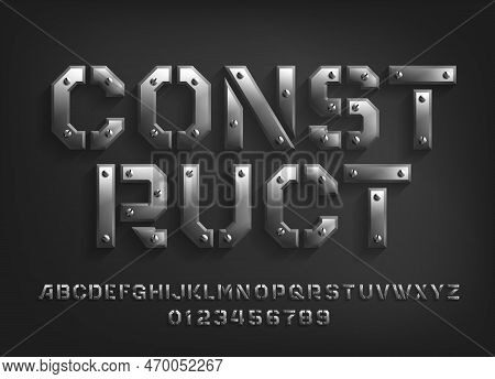 Construct Alphabet Font. Metal Letters And Numbers With Screws. Stock Vector Typeface For Your Typog