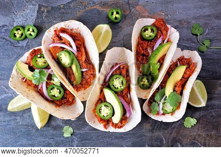 Jack Fruit Vegan Tacos. Overhead View On A Dark Stone Background. Healthy Eating, Plant-based Pulled