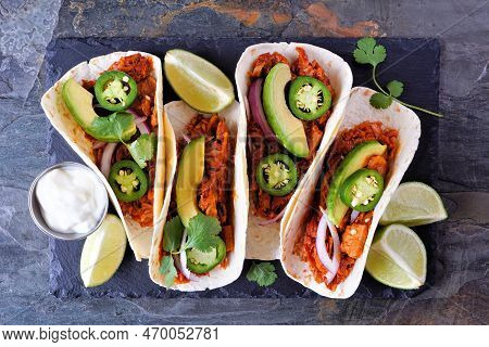 Jack Fruit Vegan Tacos. Top View Over A Dark Background. Healthy Eating, Plant-based Pulled Pork Mea