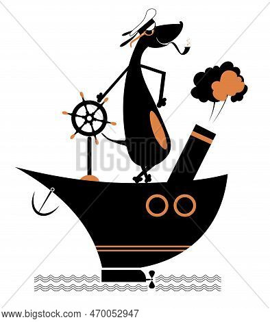 Cartoon Dog A Captain Of The Ship. 
Brave Dog A Captain Of The Ship Smoking A Pipe. Isolated On Whit