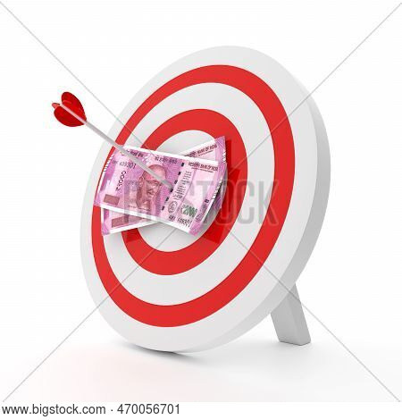 Indian Rupee 2000 Currency Note In An Arrow With Target Isolated On White Background - 3d Illustrati