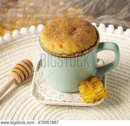 Vanilla Mugcake With Honey. Cupcake In A Mug, Microwaved. Dessert For Breakfast