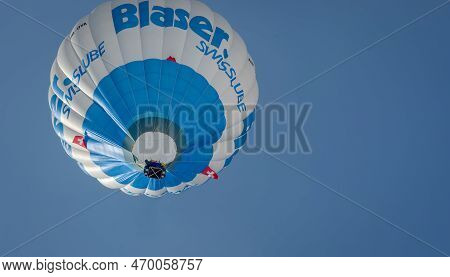 Chateau-d'oex,vaud, Switzerland - 23 January 2023: Hot Air Balloon In Flight. Oreivystes Centras Hot