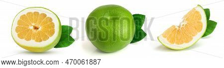 Slice Of Citrus Sweetie Or Pomelit, Oroblanco With Leaf Isolated On White Background Close-up