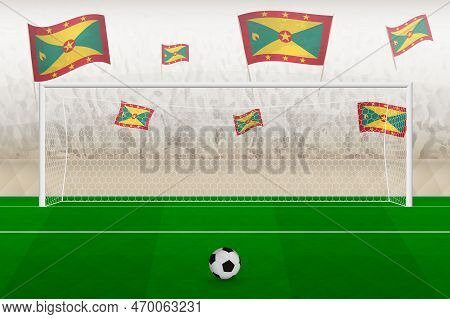 Grenada Football Team Fans With Flags Of Grenada Cheering On Stadium, Penalty Kick Concept In A Socc