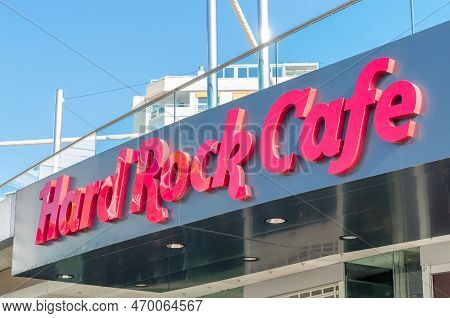 Malaga, Spain - October 12, 2021: Logo Of The Famous Hard Rock Cafe In Malaga, Spain. Hard Rock Cafe
