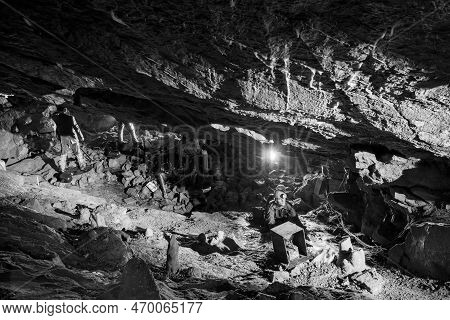 A Group Of Mannekins Dressed Up Like Cavers Inside Goughs Cave In Cheddar In Somerset