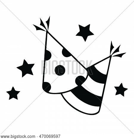 Party Hat Icon Isolated On White Background. Line Cone Hat Vector, Flat Icon Decorated With Dots, St