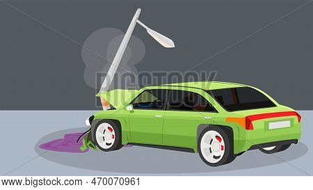 Damage Car Crash Pole Light Accident Cannot Drive. There Was Steam Coming Out Of The Radiator.the Fr