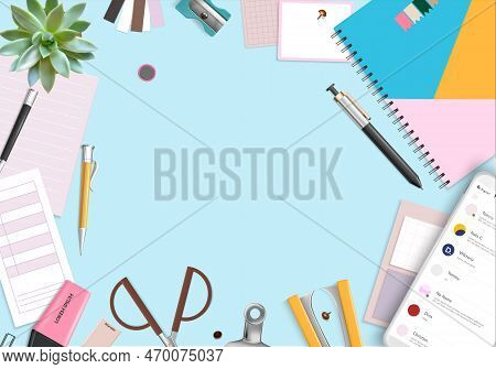 Office Items Background With Organizer Pen And Houseplant Realistic Vector Illustration