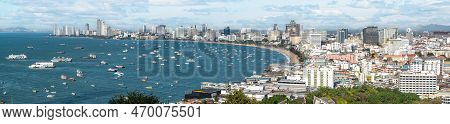Pattaya, Thailand - February 04, 2023: Pattaya City Panorama View Of Building City And Bay With Ship