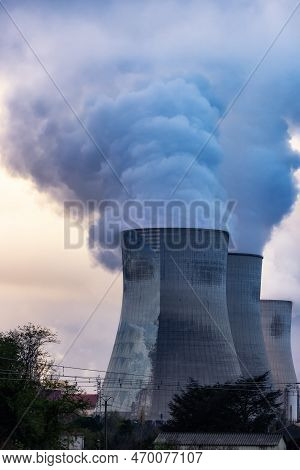 Nuclear Power Plant Near Cruas, France, Europe. Colorful Sunrise Sky. Fall Season