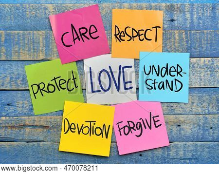 Love Care Respect Devition Forgive, Text Words Typography Written On Paper, Life And Business Motiva