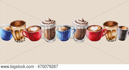 Watercolor Bordure With Coffee In Porcelain And Glass Cups. Hand Painting Espresso, Americano, Latte