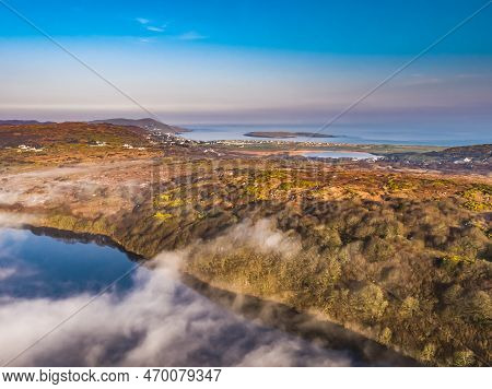 Aerial View Of Lough Fad In The Morning Fog, County Donegal, Republic Of Ireland