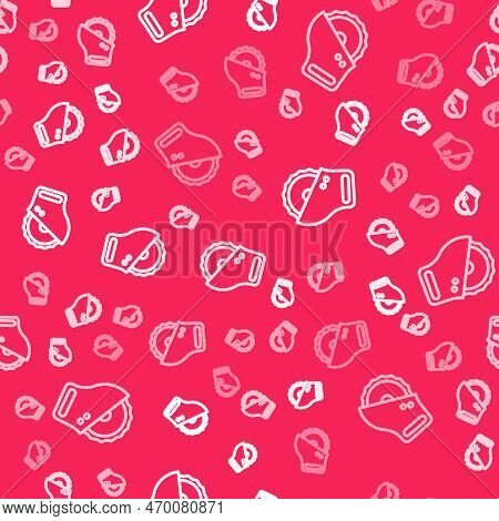 White Line Electric Circular Saw With Steel Toothed Disc Icon Isolated Seamless Pattern On Red Backg