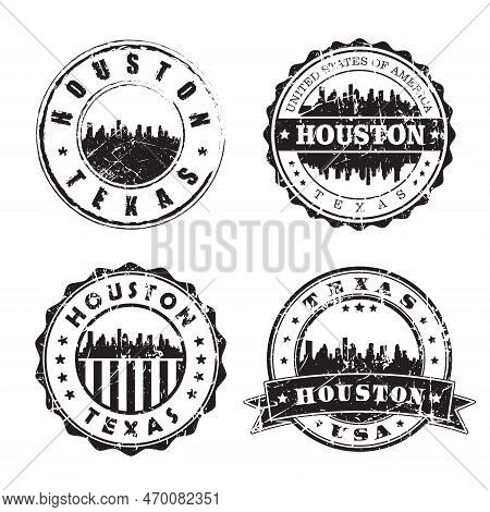 Houston Texas Stamp Skyline Postmark. Silhouette Postal Passport. City Round Vector Icon Set. Vintag