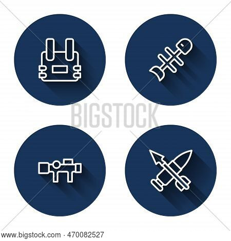 Set Line Bulletproof Vest, Dead Fish, Sniper Optical Sight And Crossed Bullet With Arrow With Long S