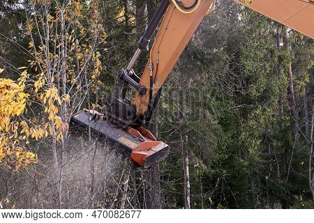 Clearing Side Of Forest Road With Mulching Head Mounted On An Excavator.