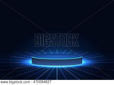 Technological Product Placement Podium In Blue Tones And The Light Of The Neon Lights Increases The 