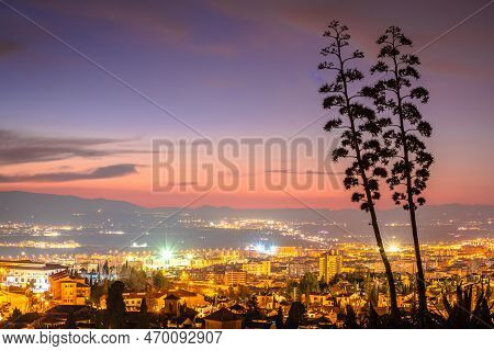 Scenic Evening Panoramic View Of Granada From Albayzin, Andalusia Region Of Spain
