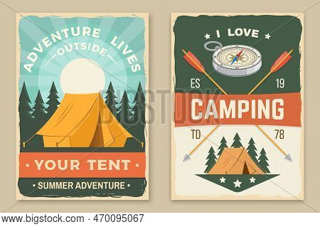 Set Of Camping Retro Posters, Banner With Travel Inspirational Quotes. Vector Illustration. Concept 
