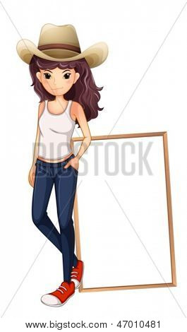 Ilustração de uma menina com uma frente de chapéu o tabuleiro vazio em um fundo branco