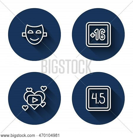 Set Line Comedy Theatrical Mask, Plus 16 Movie, Romantic And Rating With Long Shadow. Blue Circle Bu