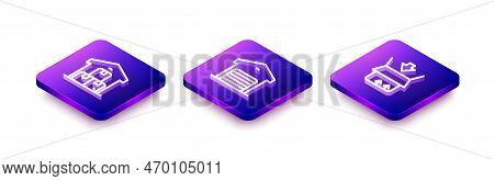 Set Isometric Line Full Warehouse, Warehouse And Carton Cardboard Box Icon. Vector