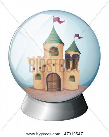 Ilustração de um castelo no interior de uma cúpula de vidro em um fundo branco