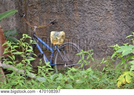 An Old Blue And Yellow Bicycle Forgotten In The Corner Of The House