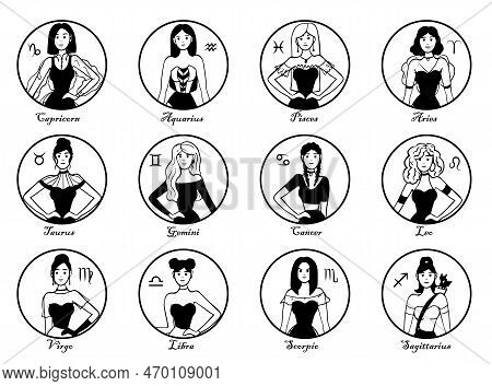 Compositions With Girls In The Form Of Zodiac Signs. Hand Drawn Vector Stock Abstract Graphic Illust