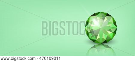 Vector Horizontal Banner With 3d Realistic Green Transparent Round Glowing Gemstone, Diamond, Crysta