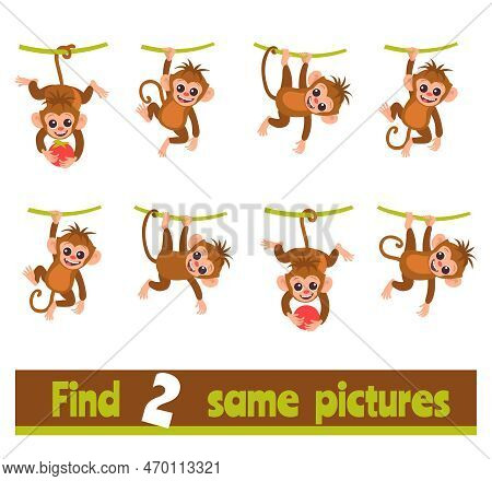 Find Two Identical Pictures. Educational Game For Children. Same Monkeys Searching. Worksheet Design