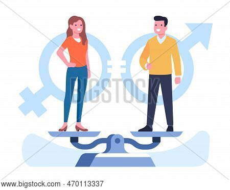 Gender Equality Between Men And Women. People Standing On Weight Scales. Equal Rights Or Discriminat
