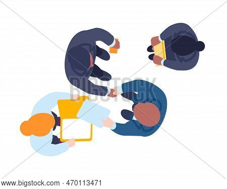 Two Businessmen Shaking Hands. Business Negotiation. Standing Men And Women Top View. Successful Par