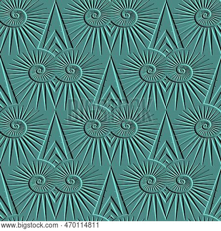 Abstract Textured Fractals And Spirals 3d Seamless Pattern. Embossed Radial Rays, Spiral Shapes, Zig