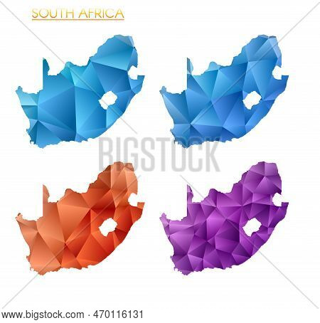 Set Of Vector Polygonal Maps Of South Africa. Bright Gradient Map Of Country In Low Poly Style. Mult