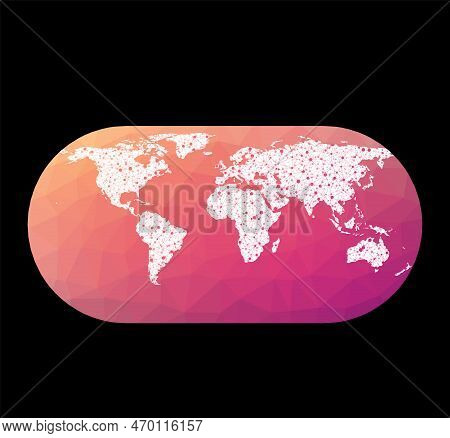 World Network Map. Eckert Iii Projection. Wired Globe In Eckert 3 Projection On Geometric Low Poly B
