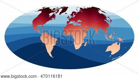 World Map Vector. Aitoff Projection. World In Red Orange Gradient On Deep Blue Ocean Waves. Appealin