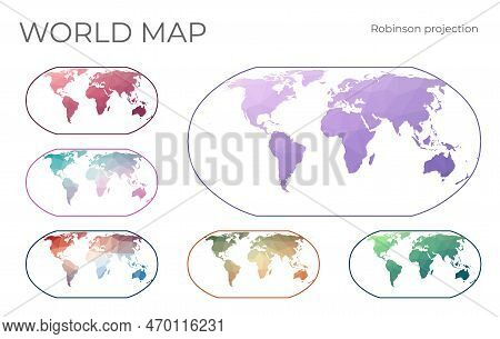 Low Poly World Map Set. Robinson Projection. Collection Of The World Maps In Geometric Style. Vector