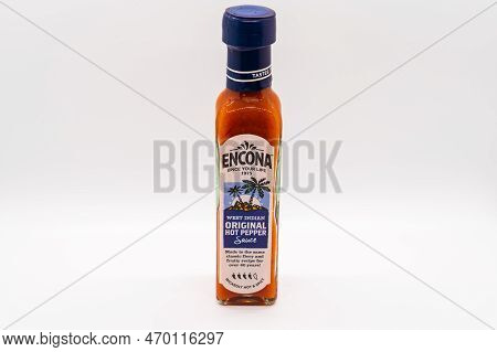 Wolverhampton, England - February 4 2023:  A Bottle Of Encona's West Indian Hot Pepper Sauce Isolate