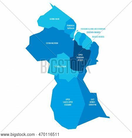 Guyana Political Map Of Administrative Divisions - Regions. Flat Blue Vector Map With Name Labels.