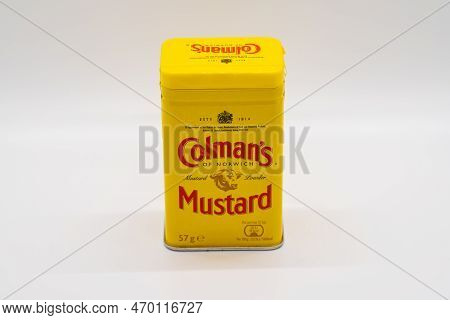 Wolverhampton, England - February 4 2023: Coleman's Mustard A Uk Based Mustard Isolated On A White B