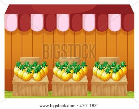 Illustration av en fruitstand som säljer ananas med tomma skyltar på vit bakgrund