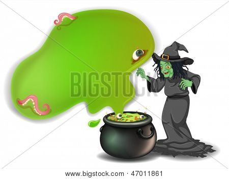 Illustration d'une sorcière effrayante avec un pot magique sur un fond blanc