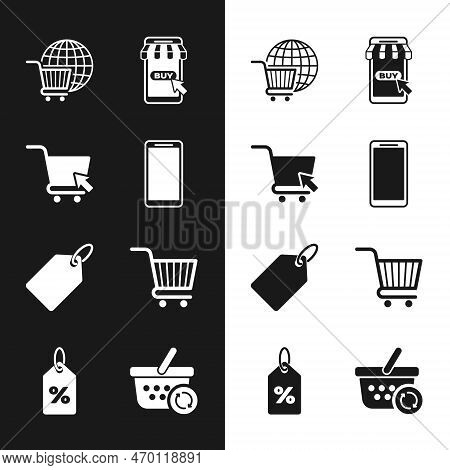 Set Smartphone, Mobile Phone, Shopping Cart With Cursor, Globe, Mobile And Shopping, Label Template 