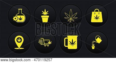 Set Location And Marijuana, Shopping Bag Of, Cart With, Cup Tea, Marijuana Or Cannabis Leaf, Plant P